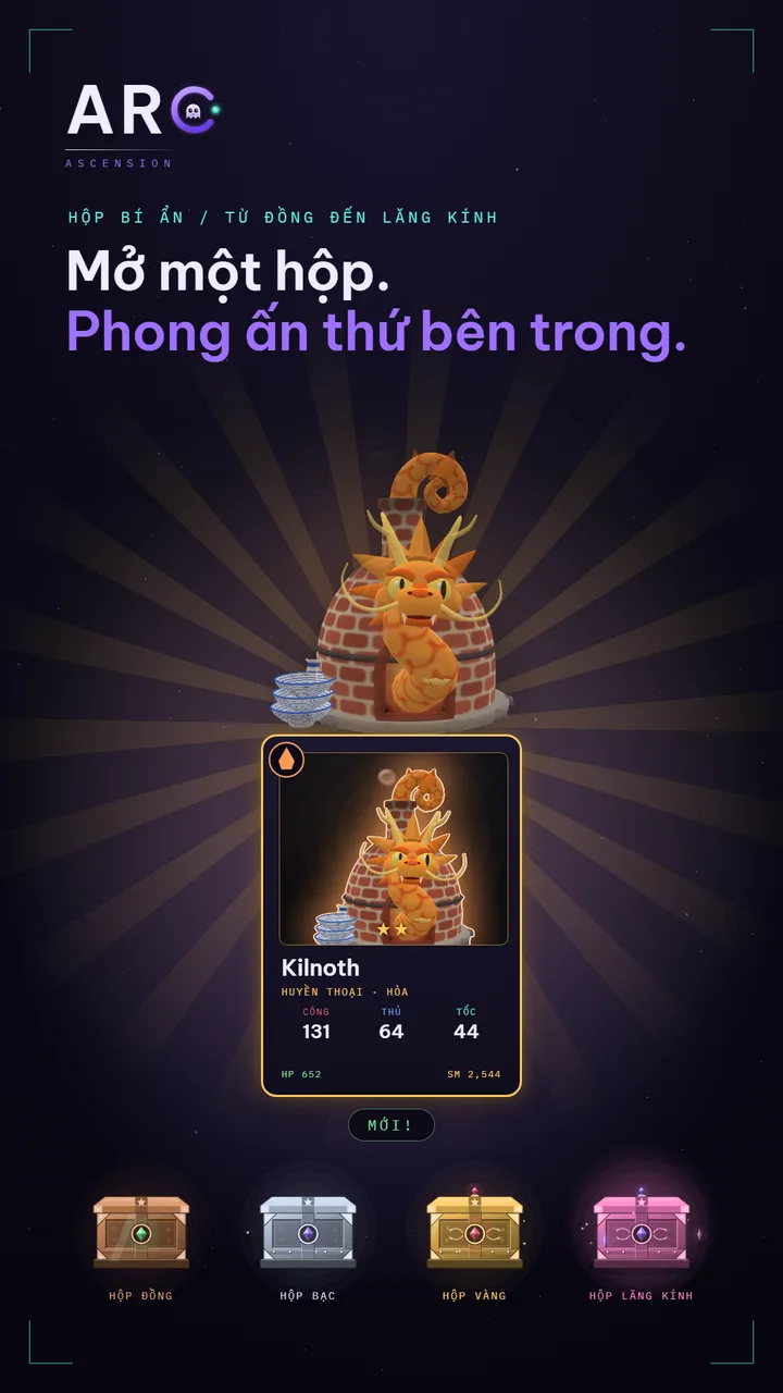 Một thẻ huyền thoại bung ra từ hộp bí ẩn, phía trên các hộp Đồng, Bạc, Vàng và Lăng kính