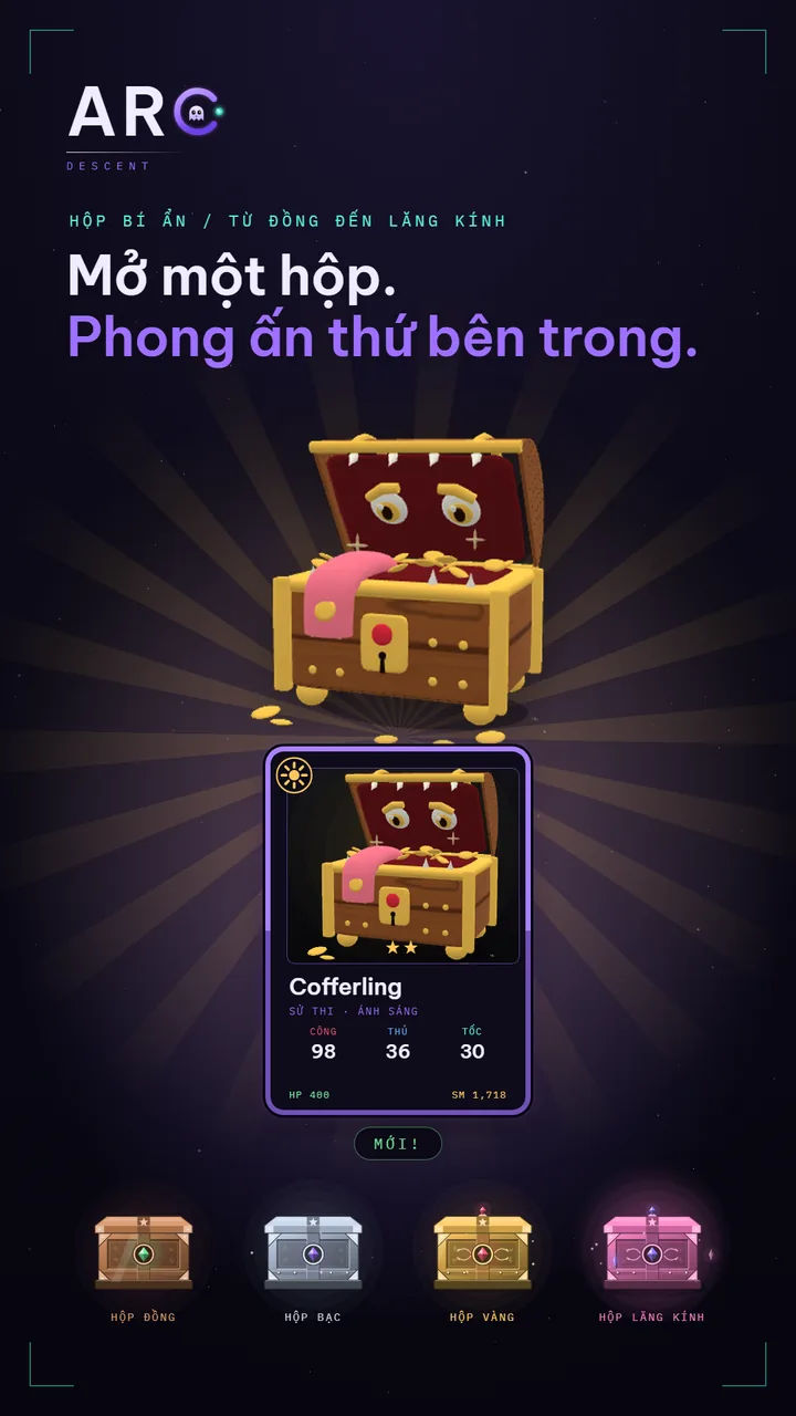 Một thẻ sử thi rút từ hộp bí ẩn, phía trên các hộp Đồng, Bạc, Vàng và Lăng kính